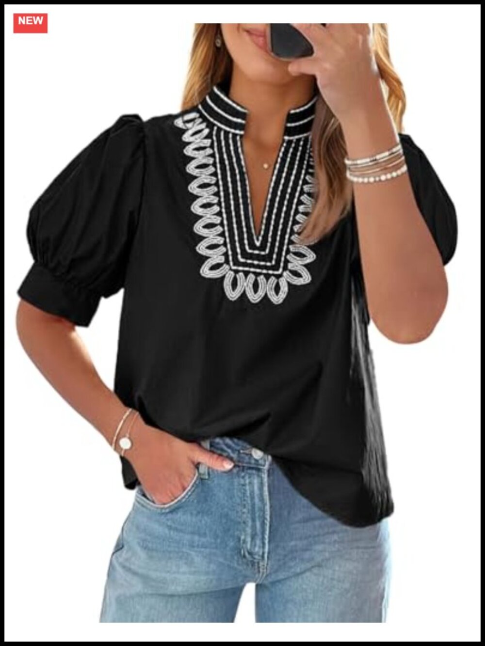 Women's Puff Sleeve Blouse V-Neck Embroidered Dressy Boutique Top